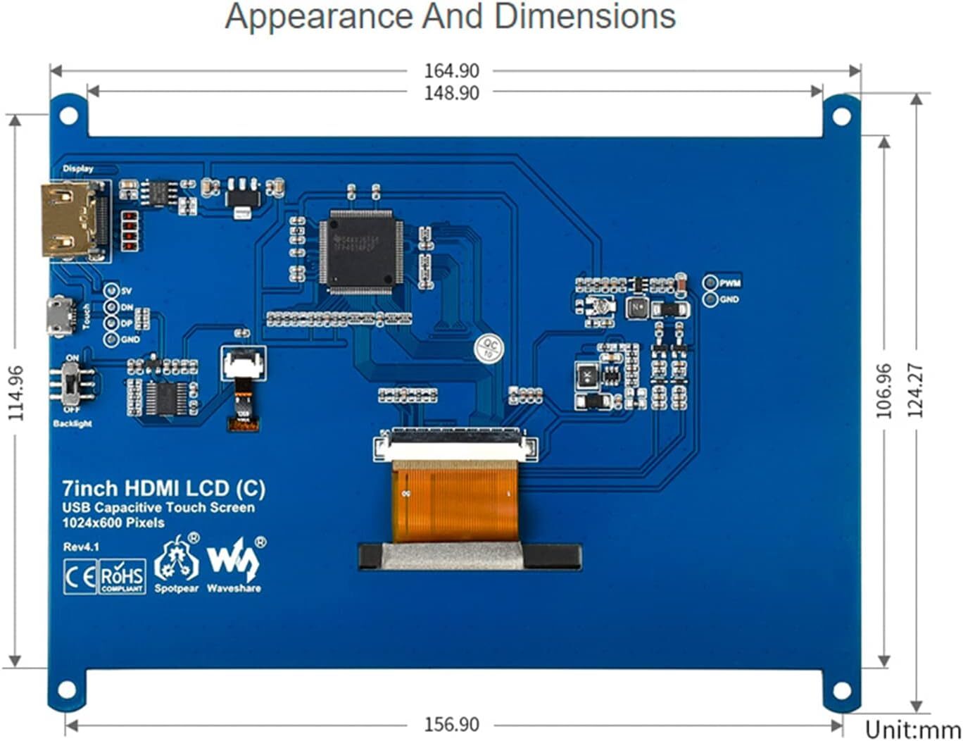  مانیتور لمسی 7 اینچ HDMI برند Waveshare مدل C (ابعاد) 